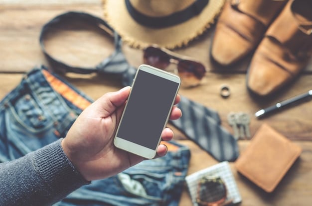 A close-up of a consumer's hands holding a smartphone, actively browsing Shein's men's collection, with filter options and product reviews clearly visible on the screen, emphasizing smart shopping.