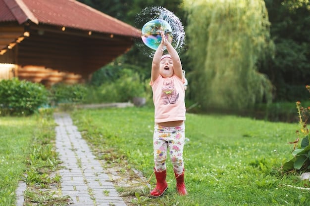 A child actively playing, perhaps on a playground or in a garden, wearing vibrant, casual clothes that appear somewhat worn but still functional, highlighting the real-world usage of the garments.