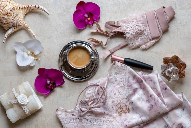 A flat lay of various Shein lingerie items, including a lace bralette, high-waisted panties, and a silk robe, neatly arranged on a bed with soft lighting. A tablet displaying the Shein website is visible in the corner.
