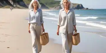 Elegant woman in linen shirt and wide-leg trousers walking on a beach, embodying the Coastal Grandmother aesthetic.