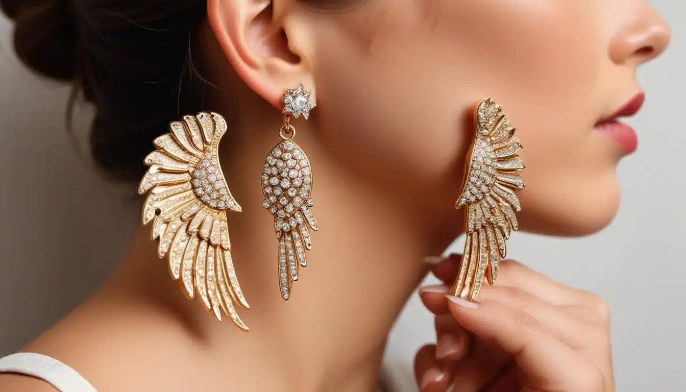 Hands swapping stud earrings for dangling statement earrings