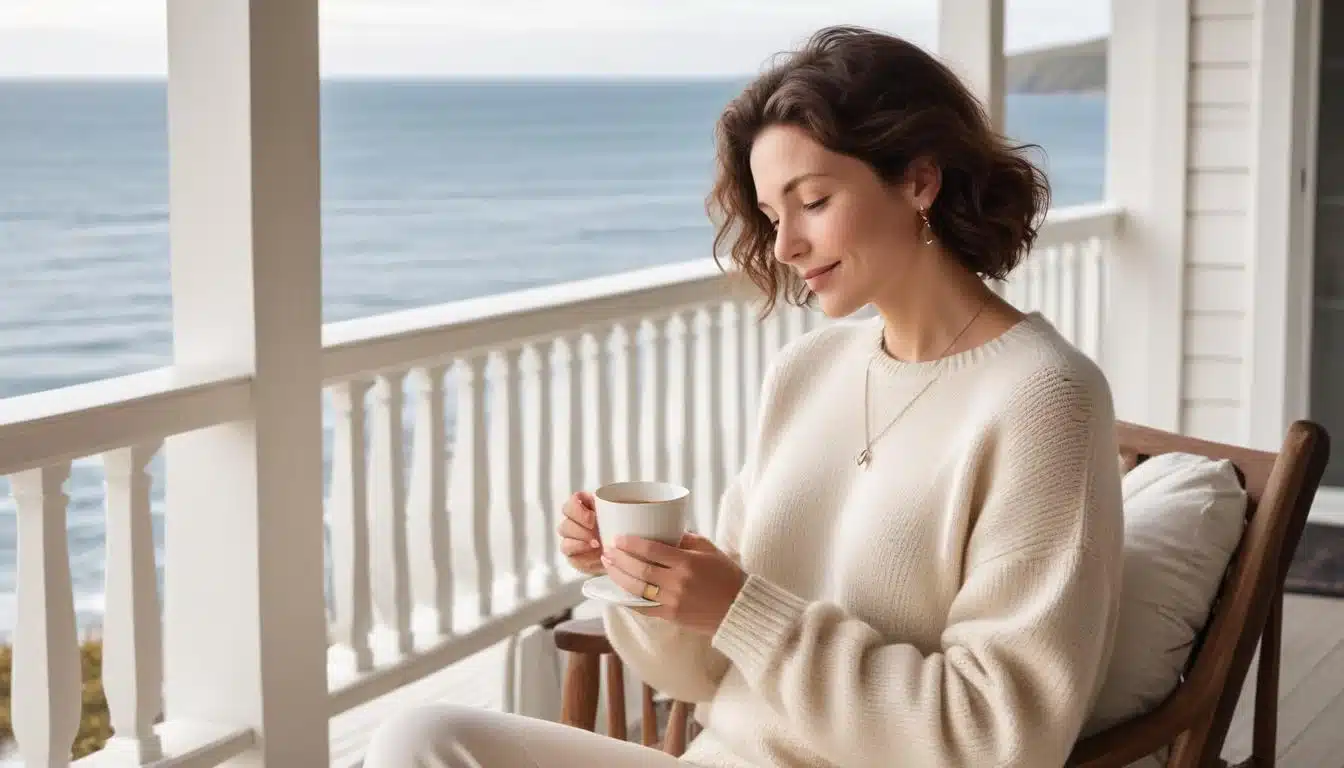 Woman on ocean-view porch, wearing cream knit sweater, enjoying tea and radiating peace.