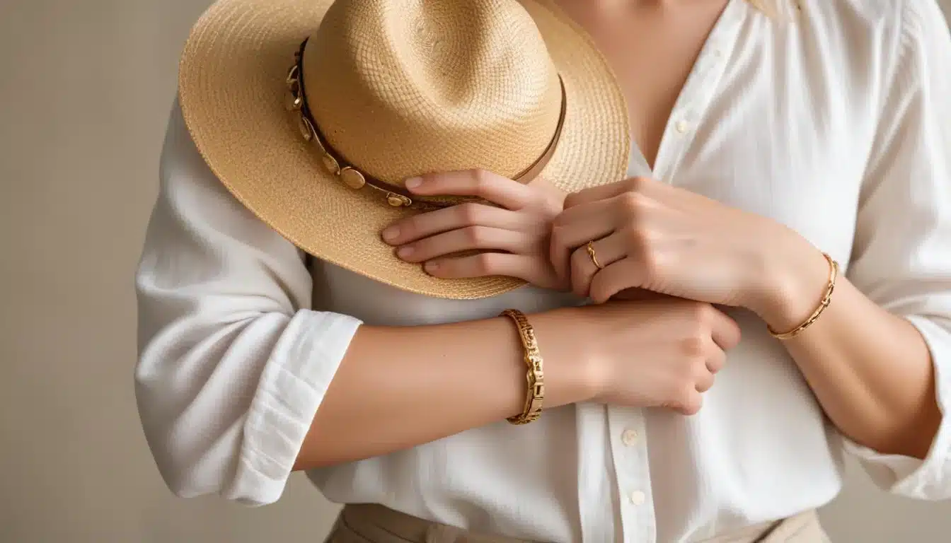 Woman's hands with straw hat and gold bracelet, showcasing refined simplicity in Coastal Grandmother style.