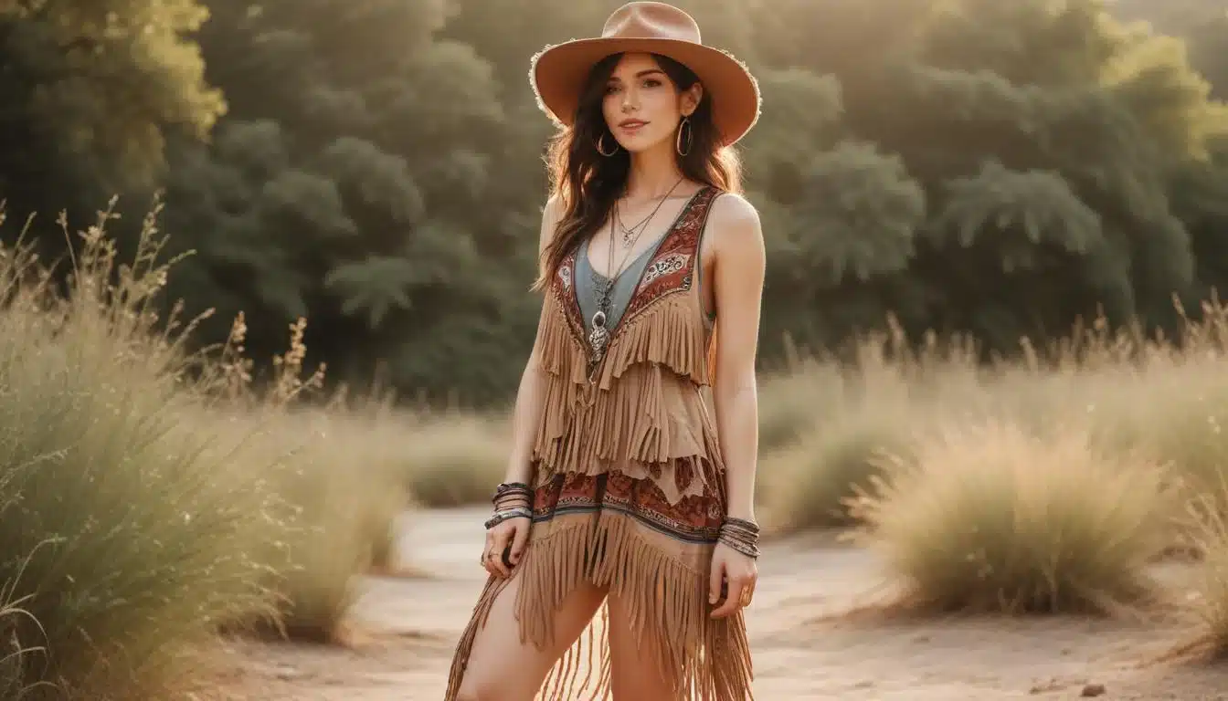 Bohemian-style outfit featuring a Shein dress, fringe vest, and gladiator sandals outdoors.