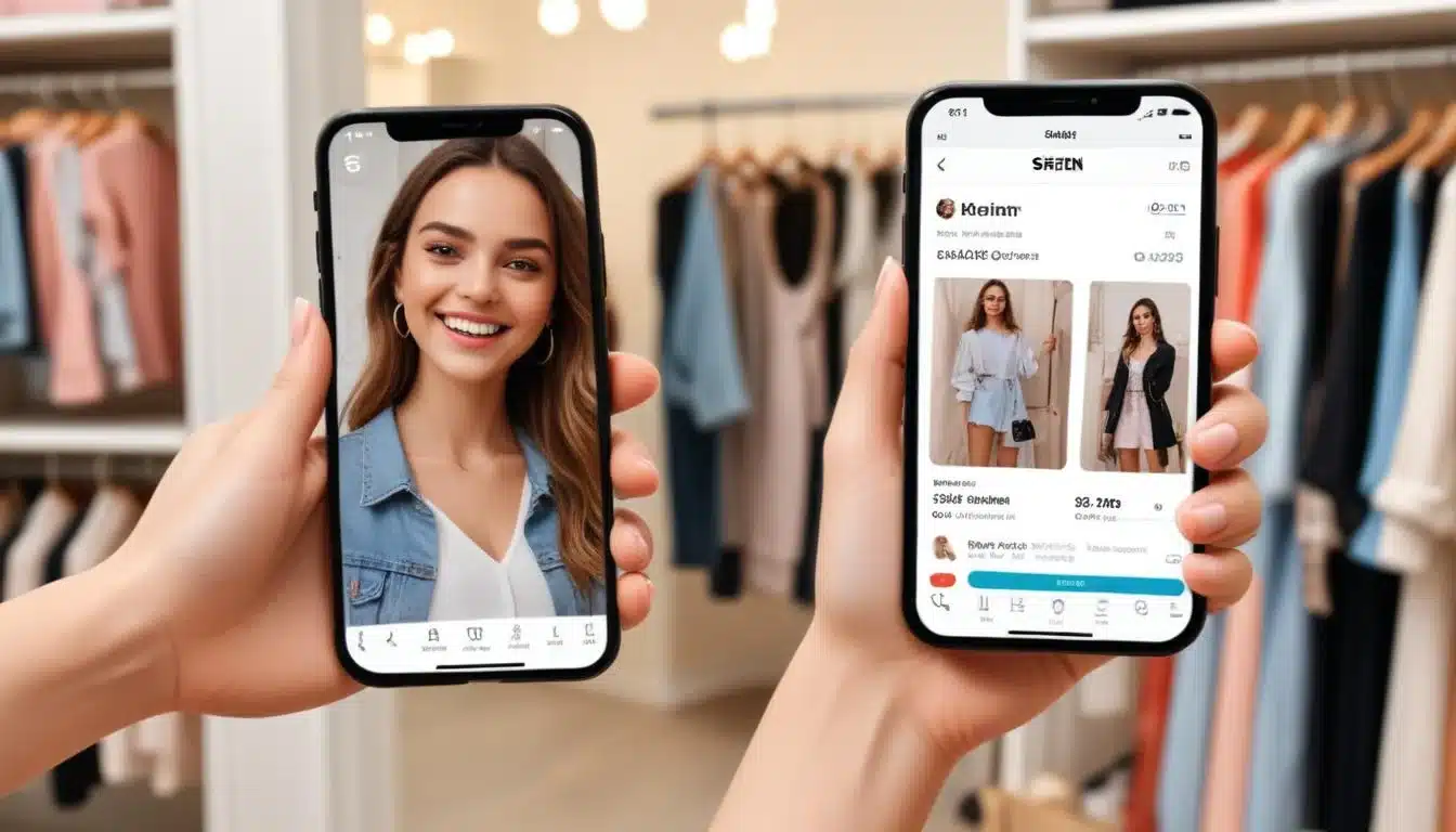 Woman browsing Shein app for flash sales on smartphone.