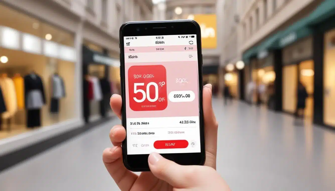 Hand holding smartphone with Shein flash sale and countdown timer