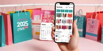 Shein app on phone with discount codes, shopping bags, and 2025 calendar for coupon stacking strategy.