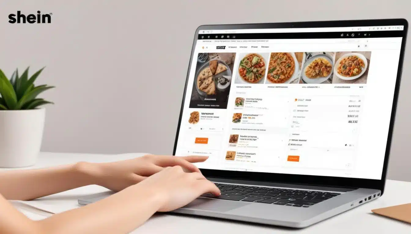 Laptop displaying Shein website, coupon browser extension, and deal forum for finding discount codes.