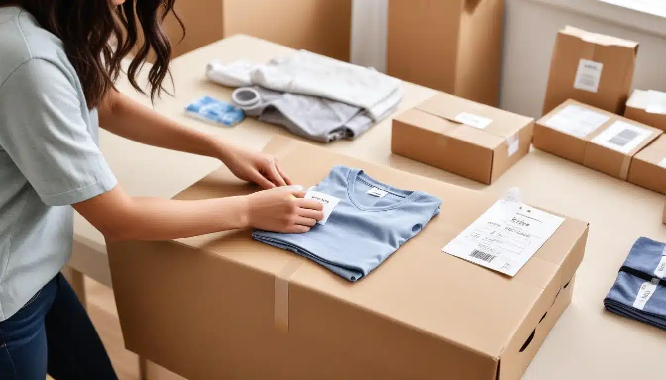 Woman carefully packaging Shein garment with original tags and return label for shipping.