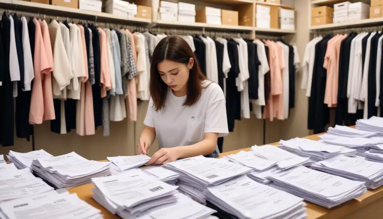 Person checking Shein order invoice and clothing items