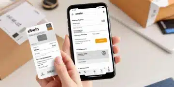 Shein package with return label, phone with Shein app, and credit card for returns in 2025.