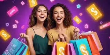 Woman smiling with Shein shopping bags, digital coupons, and reward points for maximized savings.