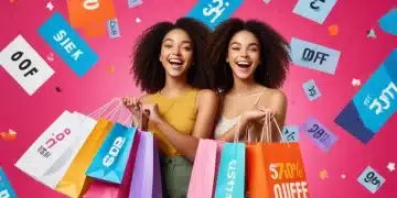 Joyful woman with Shein bags, 70% off digital overlays