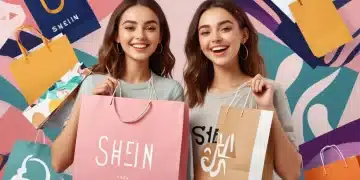 Woman happily holding Shein shopping bag with discounted clothes