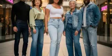 Models displaying diverse 2026 denim styles, fits, and washes in an urban setting.