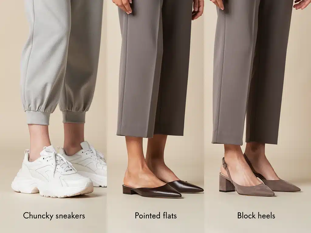 Visual comparison of shoe proportions with wide-leg barrel pants