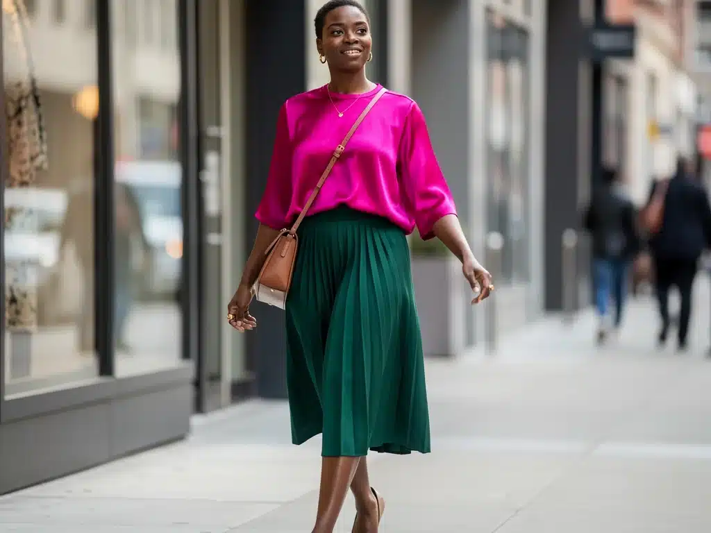 Person confidently combining complementary colors in a stylish street outfit.