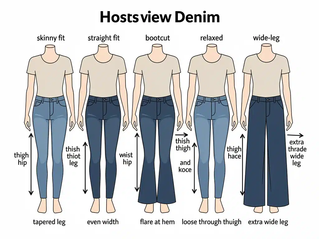 Illustration comparing skinny, straight, bootcut, relaxed, and wide-leg denim fits on mannequins.