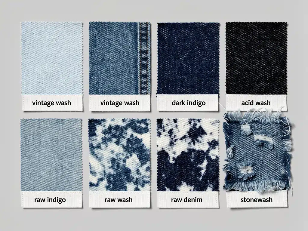 Close-up of various denim fabric washes including vintage, dark indigo, and acid wash.