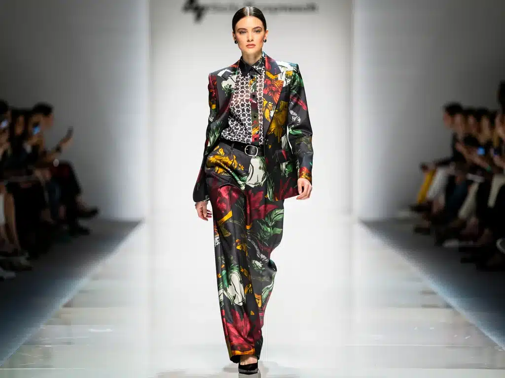 Fashion model demonstrating dominant and accent print styling on runway.