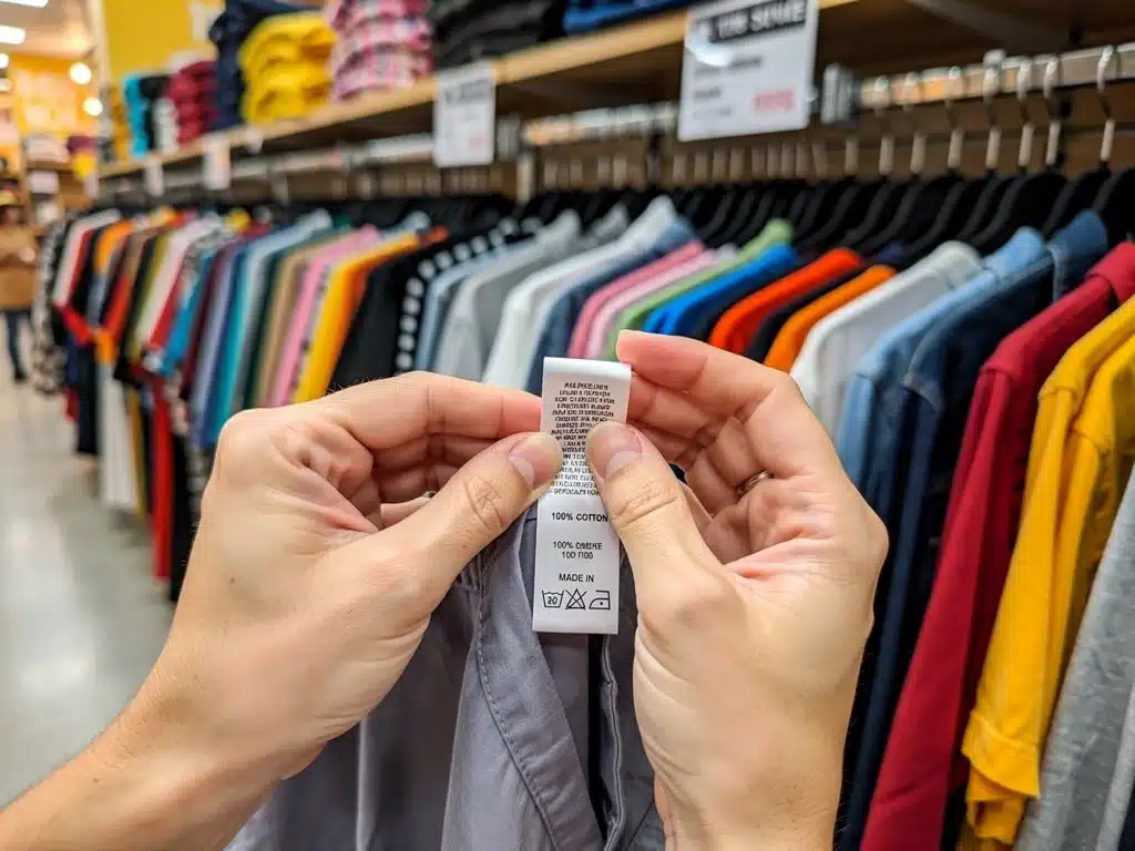 Shopper examining garment quality and fabric composition in a thrift store