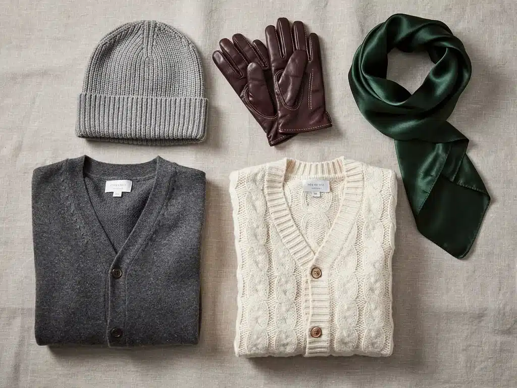 Assortment of cozy knitwear and winter accessories for 2026