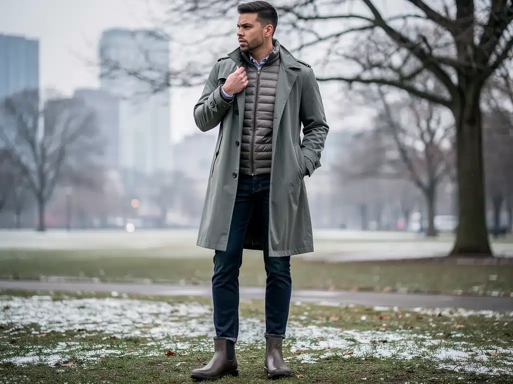 Person wearing layered trench coat and down jacket for cold weather