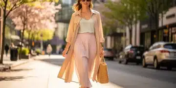 Woman in layered spring-to-summer outfit on city street, embodying seasonal style transition
