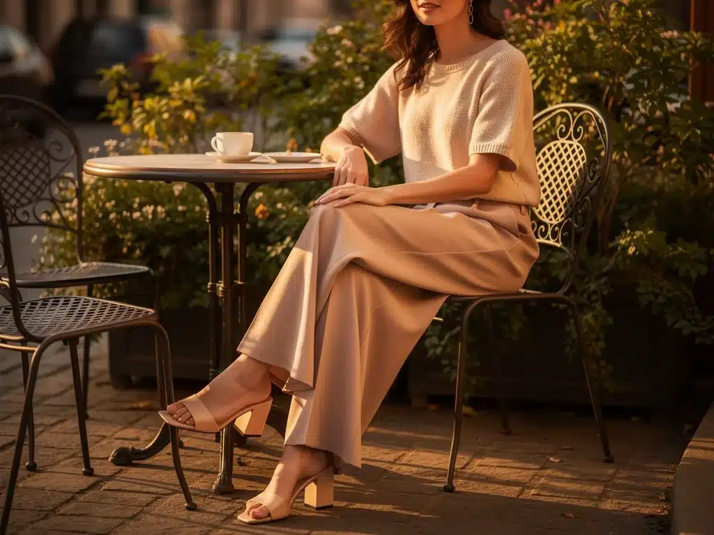 Model in lightweight knit and wide-leg trousers for seasonal style transition